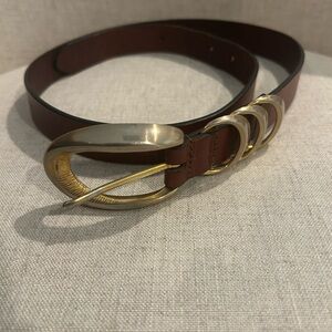 Brown Leather Belt with Aged Gold Tone Buckle